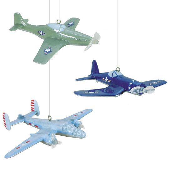 set of three legendary WWII warplane ornaments includes a B-25 bomber, a Mustang, and a Corsair. Perfect for aviation lovers