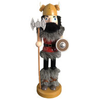 wood Viking Nutcracker is complete with horned helmet, war axe and shield, and is lavishly adorned for winter with faux fur