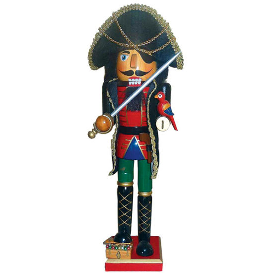 Captain Hook Pirate Nutcracker holds a cutlass in one hand, with a hook for the other with a parrot on top