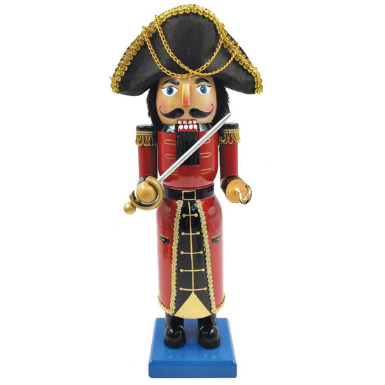 Captain Hook Pirate Nutcracker holds a cutlass in one hand, with a hook for the other, brass chains on the tricorn hat