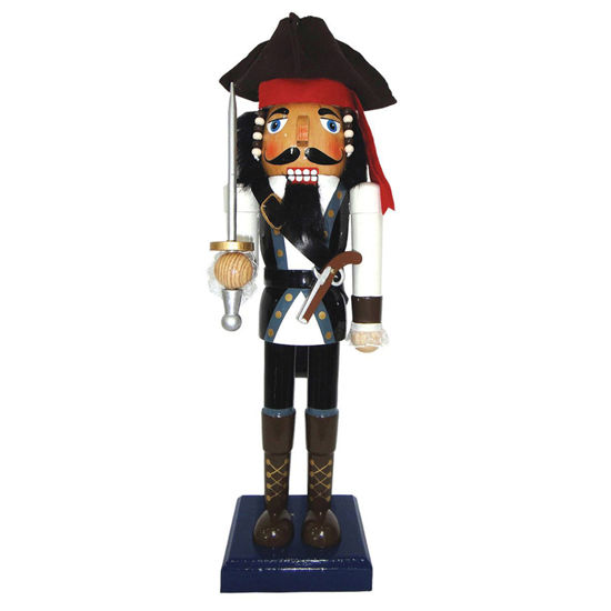 Johnny Pirate Nutcracker has a gun and rapier, and is bedecked with hair beads and frilly shirt cuffs