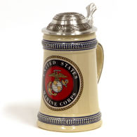 USMC Stoneware Stein with Lid, pewter lid also has USMC emblem with “USA”, stars and stripes, eagles around edges.Made in Germany 
