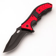 Rite Edge red and black liner lock folder has black stainless steel spring assisted blade, removable pocket clip,lanyard hole