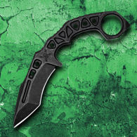 M48 OPS Combat Karambit is 1 piece of black 3Cr13 stainless steel with sharp curved blade and open-ring handle, includes sheath