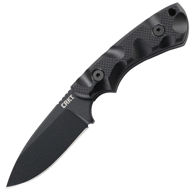 CRKT SIWI Fixed Blade knife has non-reflective black powder coat drop point SK5 carbon steel blade, G10 handles, includes sheath