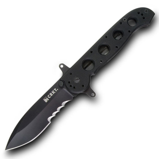 CRKT M21 Special Forces Linerlock knife has black coated serrated blade, dual hilt guard, automated safety