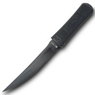 CRKT Hissatsu Fixed Blade knife wth black, dual grind tanto blade, rubber grip handle with polypropylene core, includes sheath