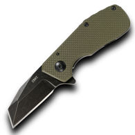 CRKT Razelcliffe Compact Framelock OD knife has Wharncliffe blade, deep finger choil and thumb friction grooves for grip, G10 handles