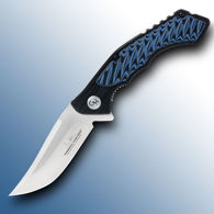 Gil Hibben Whirlwind Blue pocket knife has layered G10 scales, ball bearing blade pivot mechanism, 7Cr17 stainless steel blade