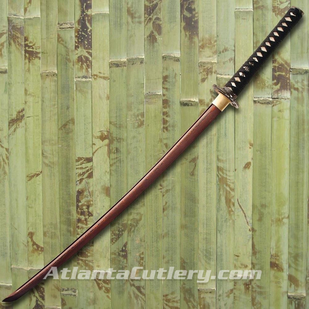 Katana with Damascus steel blade with a coppery red color