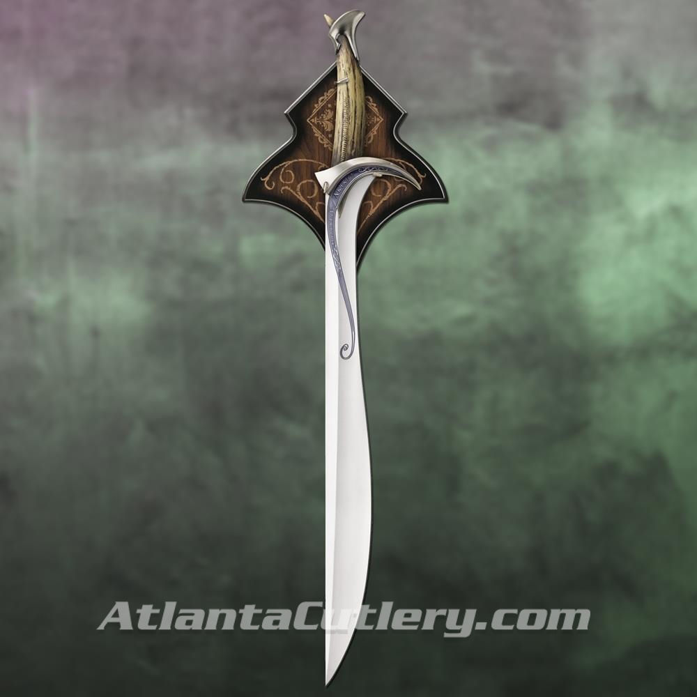 Hobbit Orcrist Sword of Thorin Oakenshield on included wood wall display with silk-screened graphic