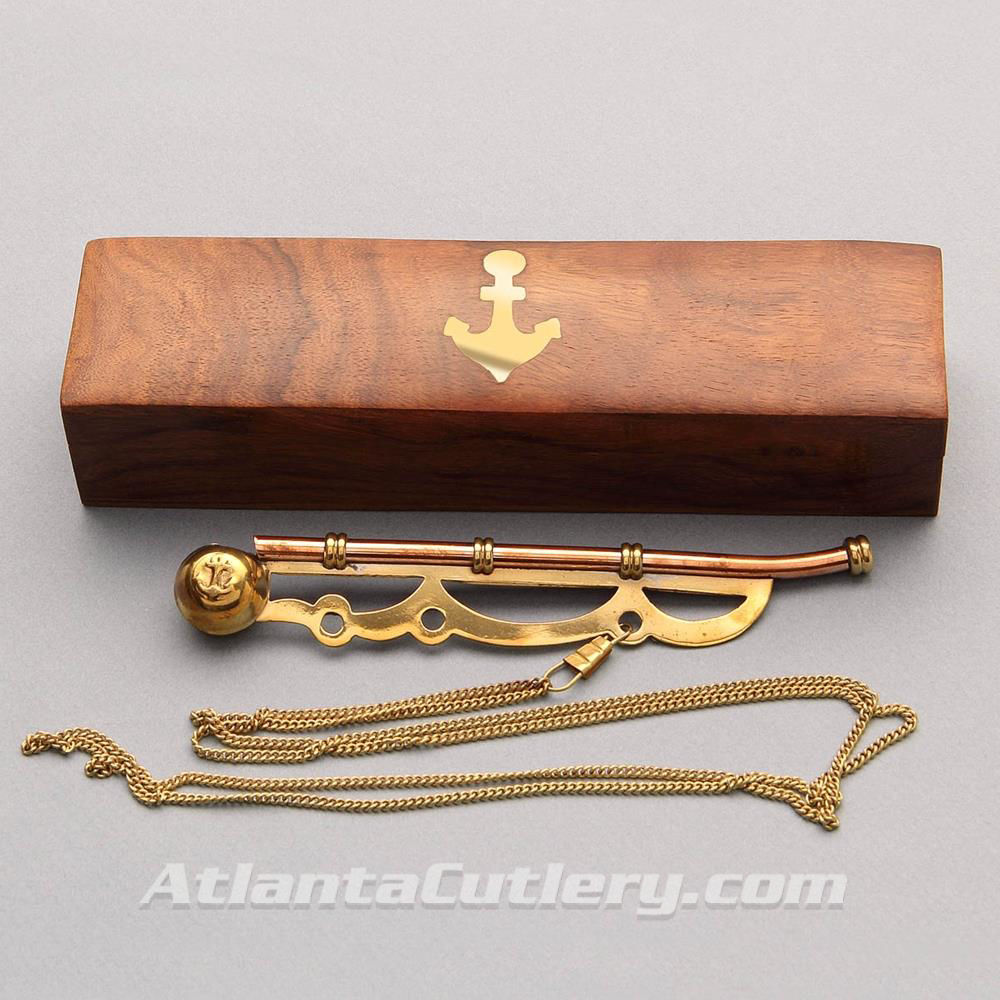 BOSUN WHISTLE COPPER KEY RING & WOODEN SEA CHEST WITH BRASS ANCHOR A NEW GIFT