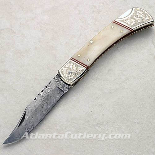 Picture of Damascus Bone Scale Knife with Nickel Bolsters