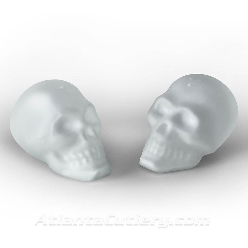 Doomed Skull Salt & Pepper shakers are hand-blown borosilicate glass with a satin finish