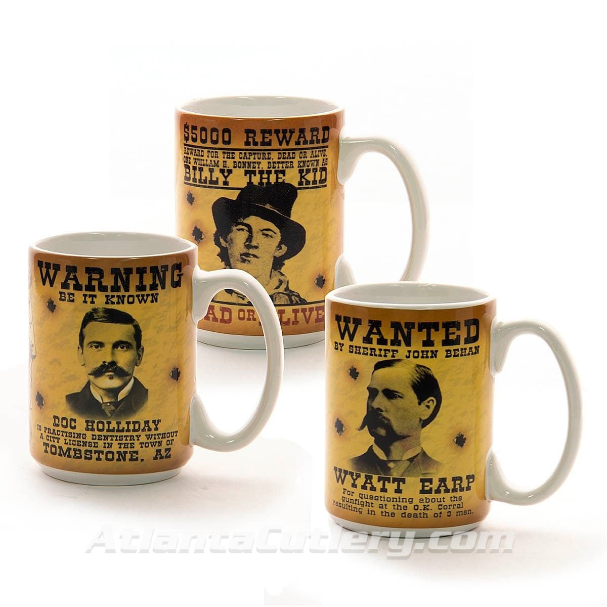 Set of 3 Old West Wanted Poster Mugs 
