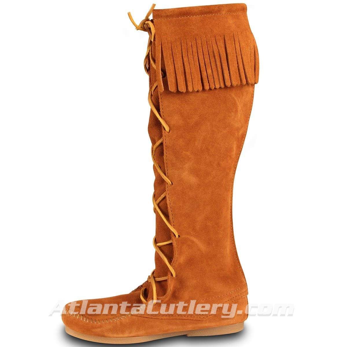 Medieval Suede Mens Tall Lace Front Boots in Brown with Fringe