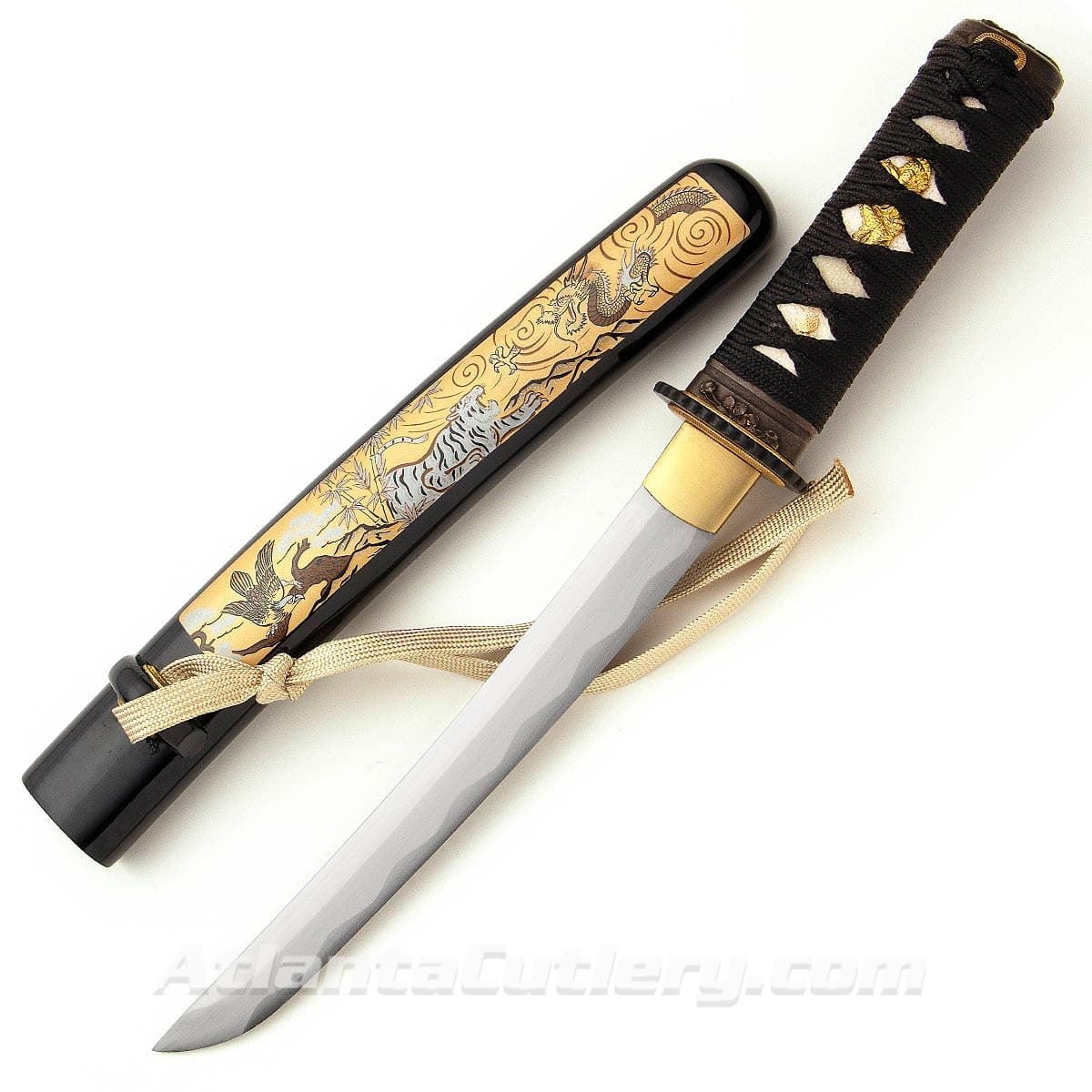 White Tiger Tanto includes black lacquer wood sheath with a painting of a white tiger fighting a dragon