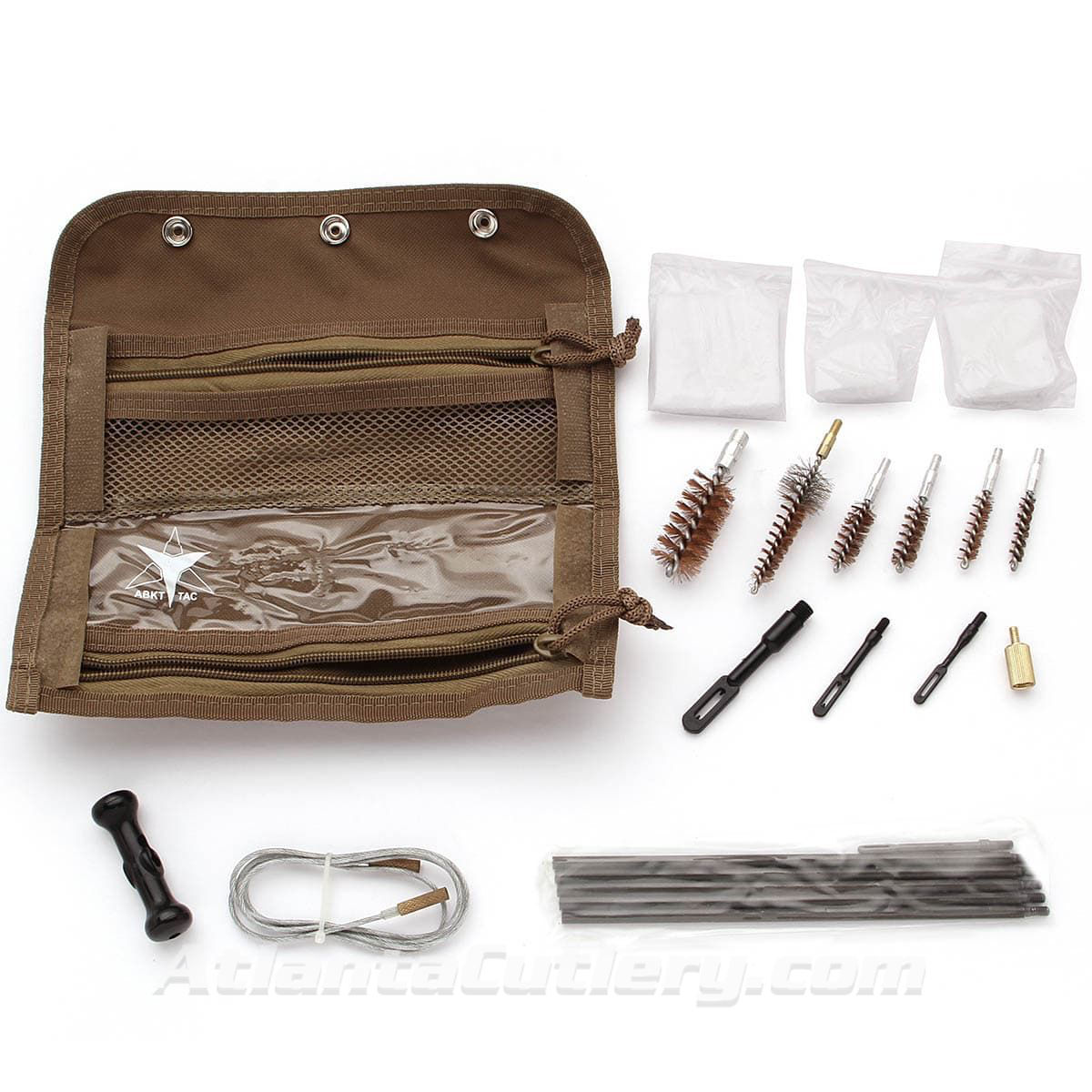 Portable Tactical Gun Care Kit with brass bore brushes, iron rods, patch pullers and cotton patches
