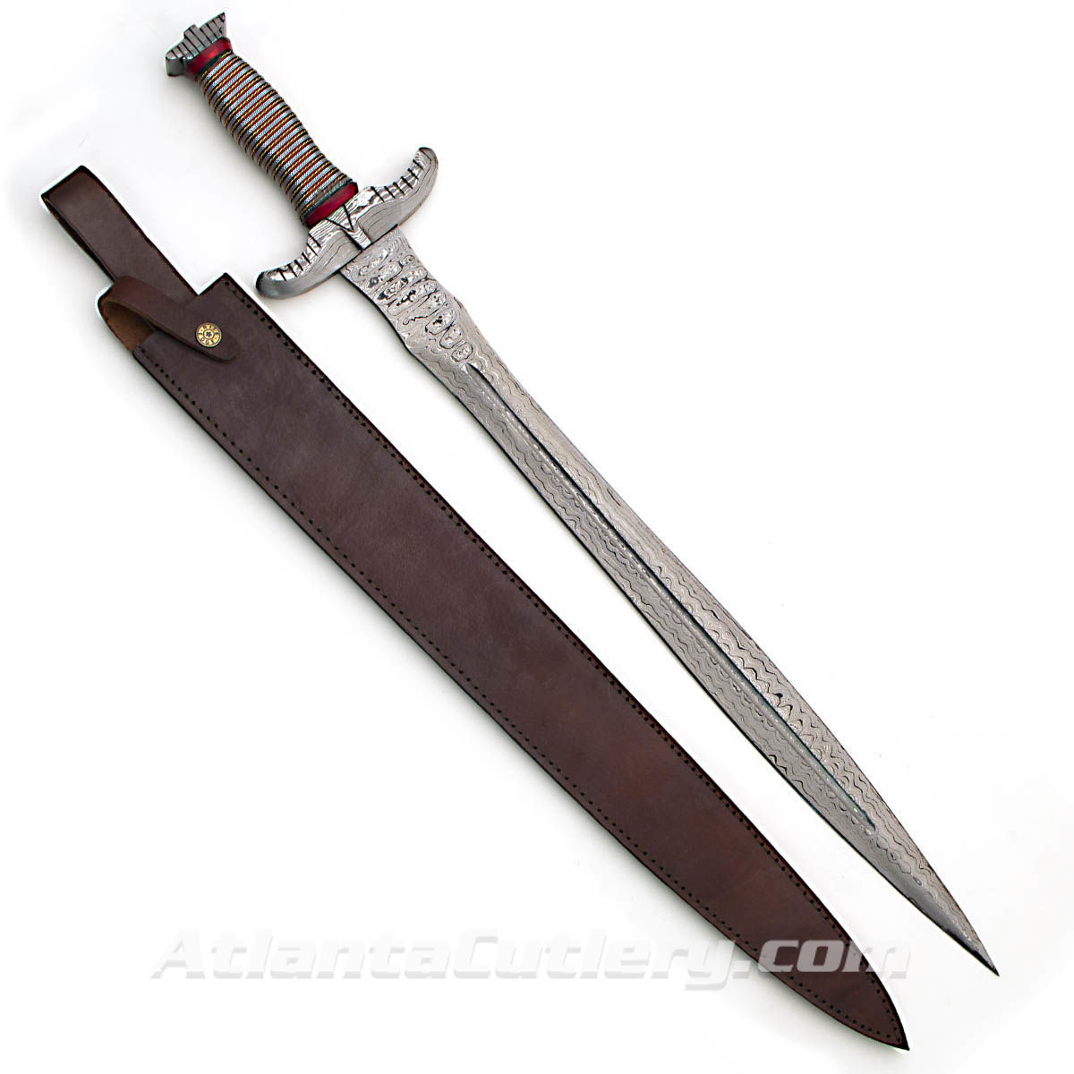 Dragon Piercer All Damascus Fantasy Sword with Leather Scabbard
