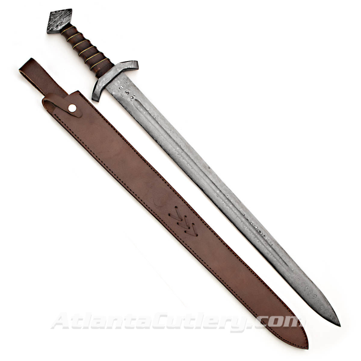 Valhallan Sword with Damascus Blade, Guard and Pommel and Leather Scabbard with Belt Loop and Retaining Strap