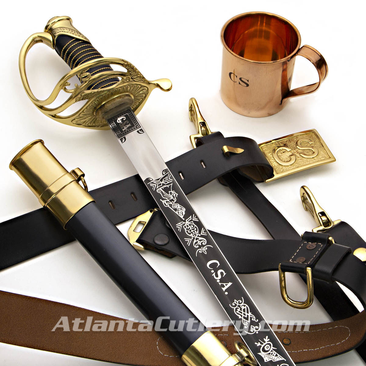 The Confederate Kit with Confederate Cavalry Officer's Saber , Leather Belt with Brass Confederate Buckle and engraved Copper Mug