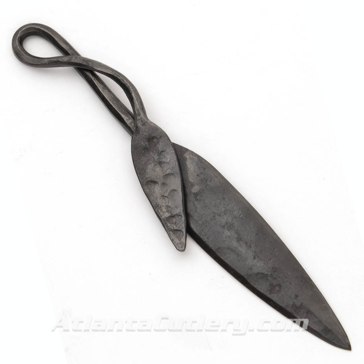 One continuous piece of steel is twisted and hammered to form a rustic double leaf design of this leaf knife