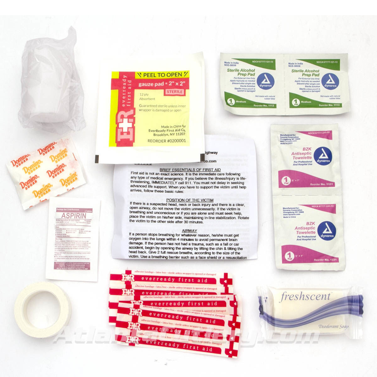 Canvas First Aid Kit includes Steripad, adhesive tape, bandages, alcohol prep pads, towelettes, sugar, soap, and aspirin.