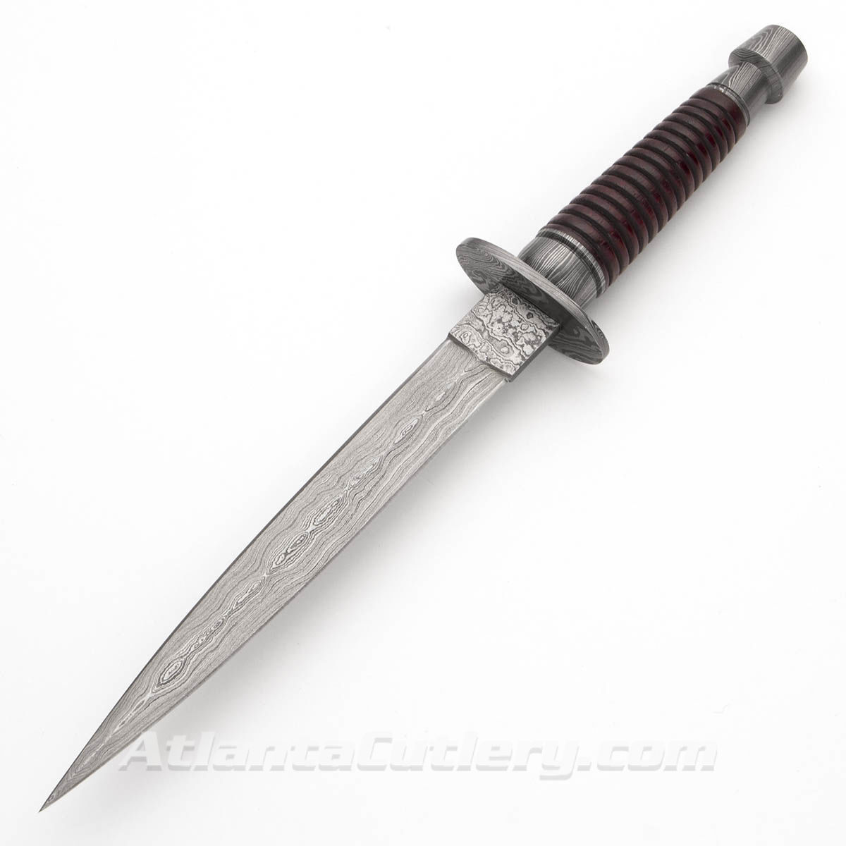 Commando Dagger made of Damascus steel with wood grip, and Damascus guard and pommel
