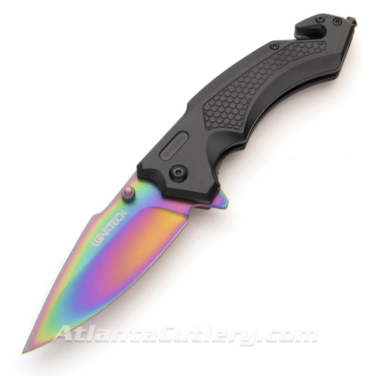 Wartech assisted opening, liner lock pocket knife with rainbow 3CR13 stainless steel blade, glass breaker and seatbelt cutter
