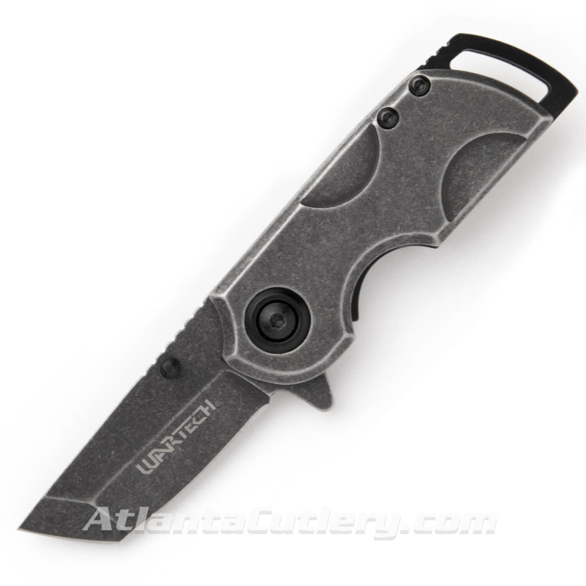 Wartech Stubby Liner Lock pocket knife with tanto blade and ambidextrous thumb studs is entirely stonewashed