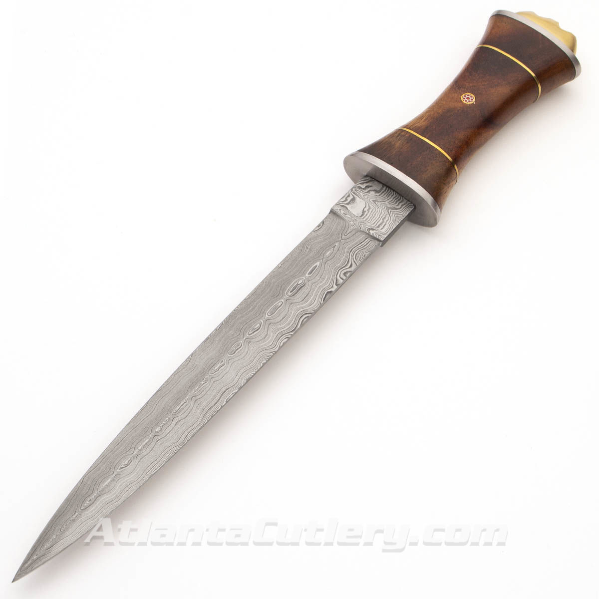 Royal Damascus Dagger has large burlwood grip with brass spacers and a mosaic rivet, and brass pommel with crown