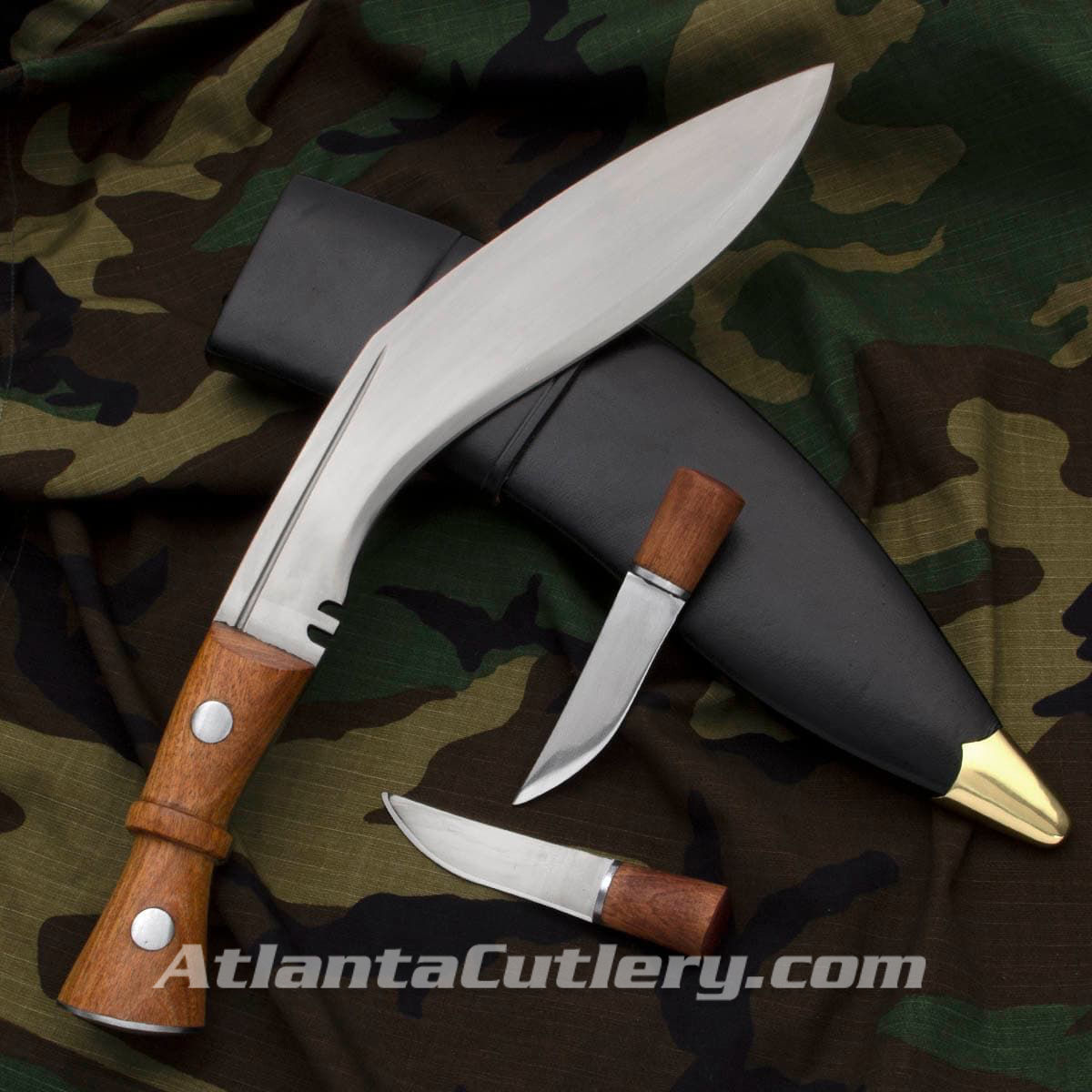 Military issue Gurkha Regimental Kukri has sharp 1/4" blade and scabbard with 2 accessory knives