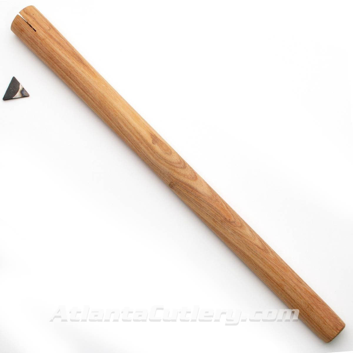 American Hickory replacement throwing tomahawk handle is 19-1/4" long. Unfinished, and includes metal wedge to tighten top.