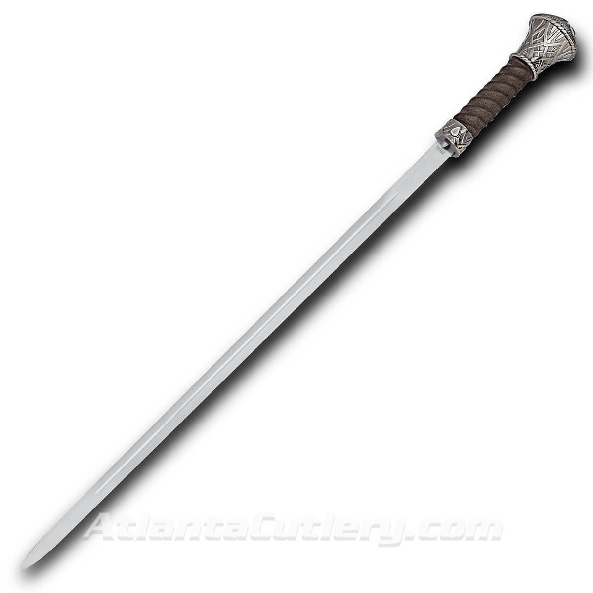Sharp double-edged 1045 carbon steel blade on Shikoto sword cane has release/locking mechanism and intricately detailed cast pommel