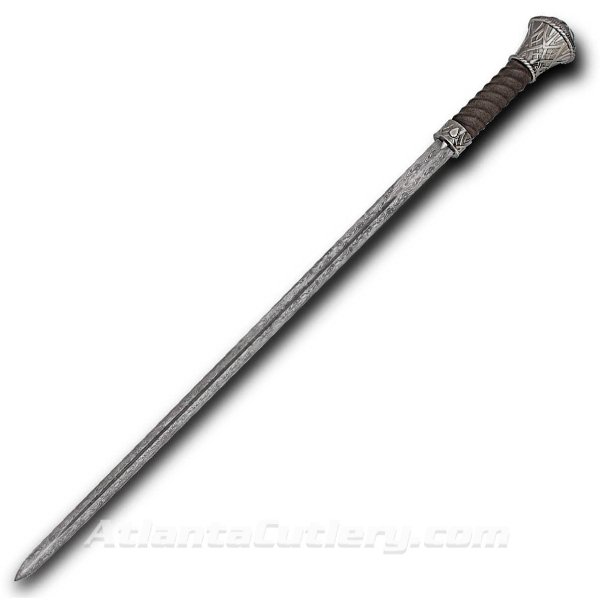 Sharp double-edged Damascus blade on Shikoto sword cane has release/locking mechanism and intricately detailed cast pommel