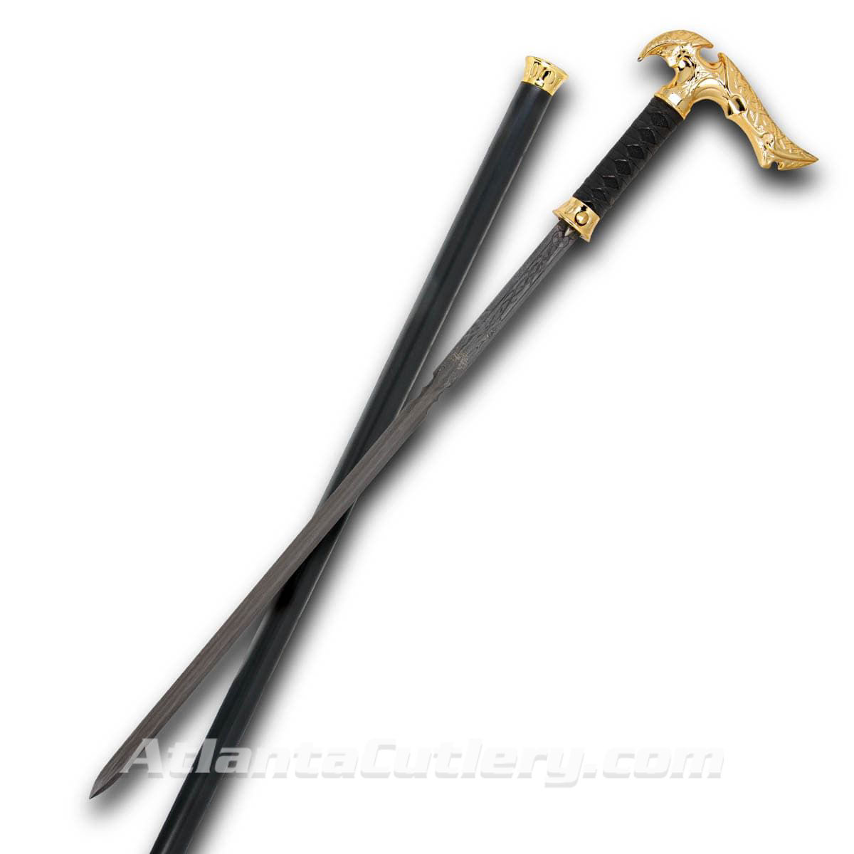 Kit Rae Sword Cane has a sharp high carbon steel blade, hardwood shaft and gold plated handle accented with ray skin and leather