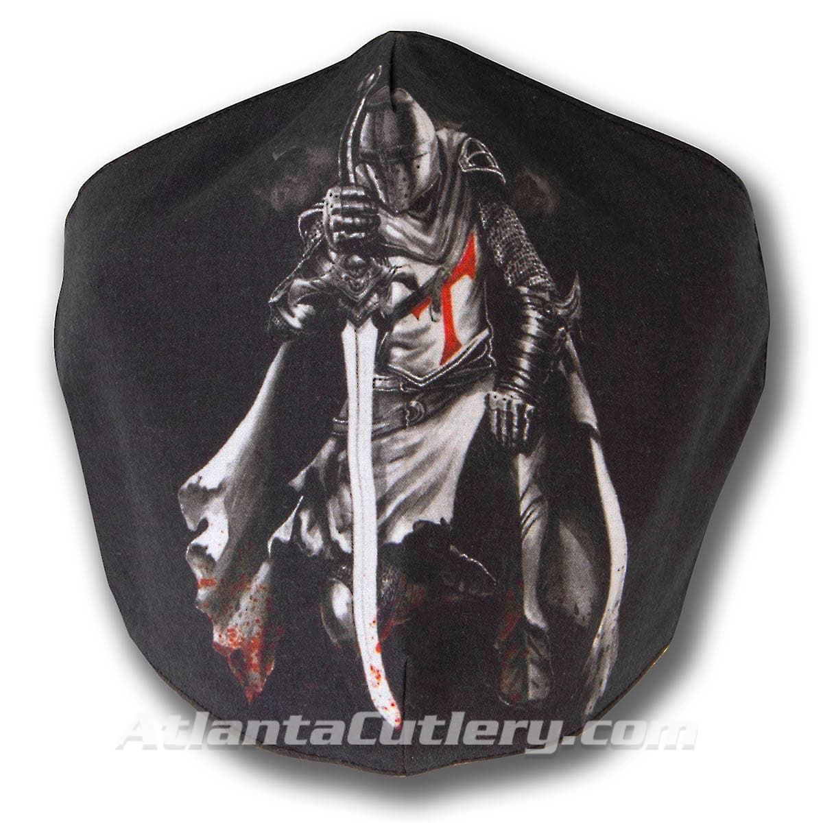 Black Cotton Face Mask with screen image of Templar Knight, adjustable straps and pocket for disposable filter