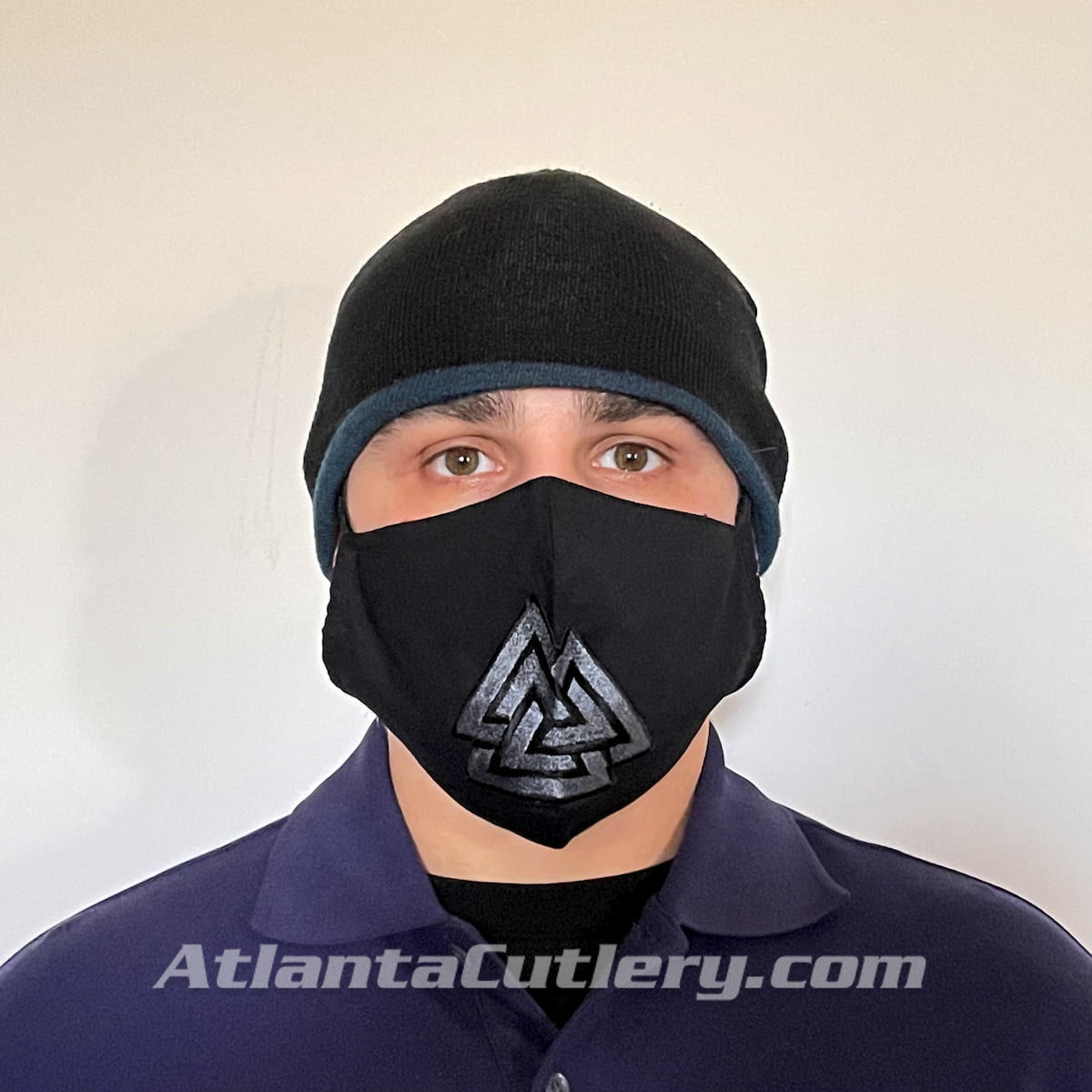 Black Cotton Face Mask with silk embroidered Viking Valknut, adjustable straps and pocket for disposable filter
