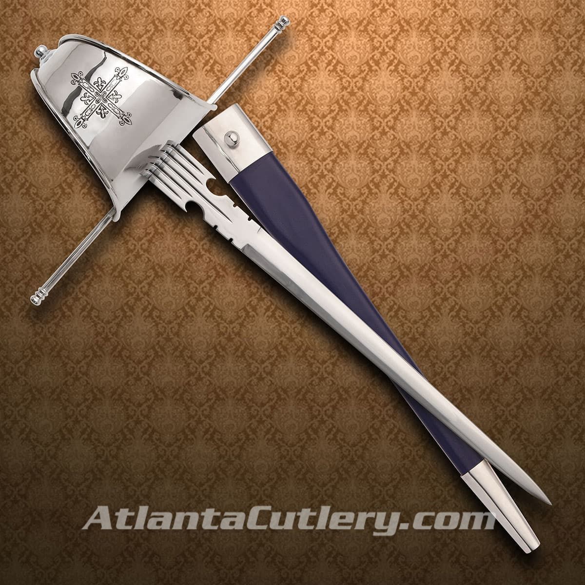 Windlass Main Gauche has high carbon steel blade with cut-outs and notches & a large guard. Includes leather scabbard