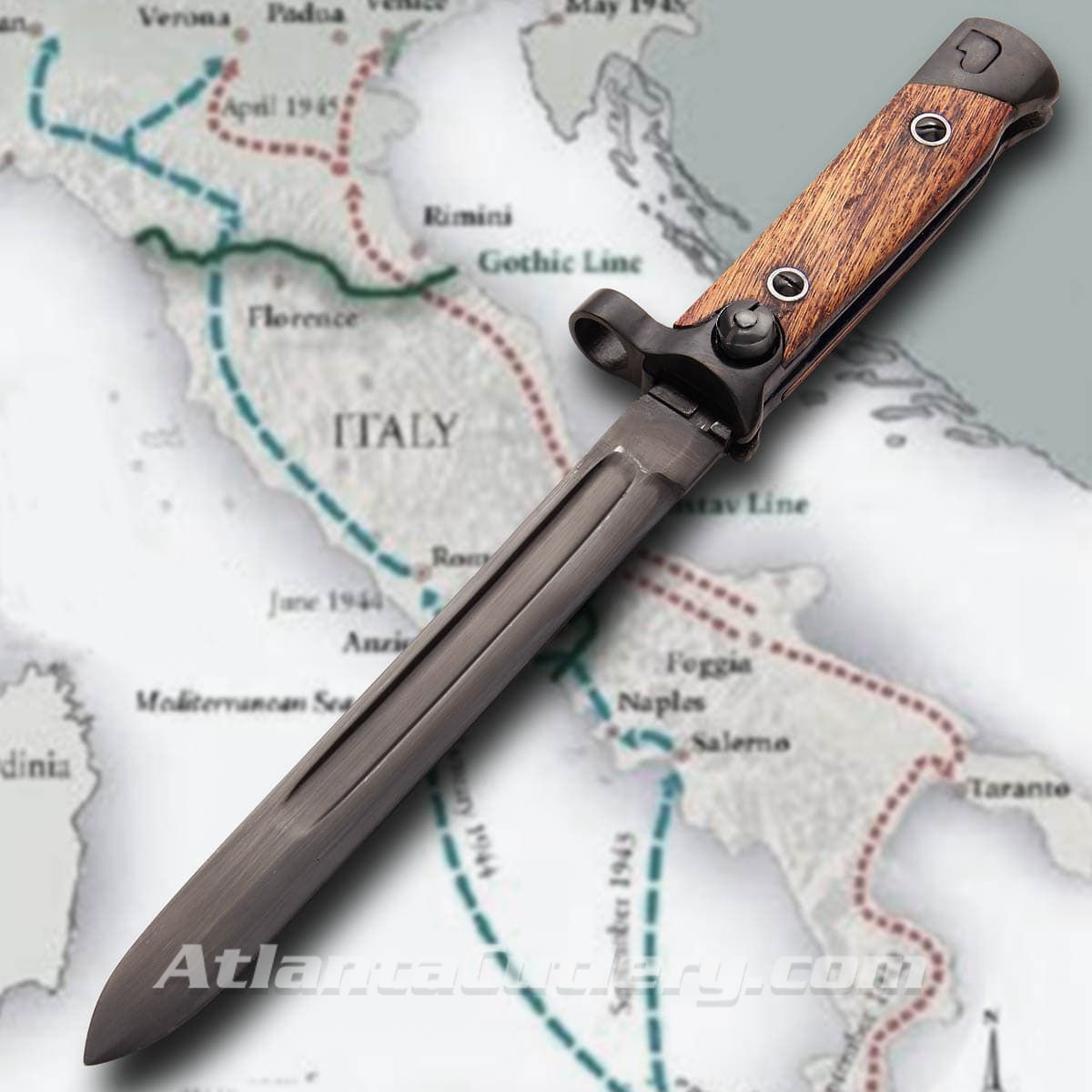 Italian Carcano folding bayonet functional WWII replica with metal sheath, wood grips and high carbon steel blade