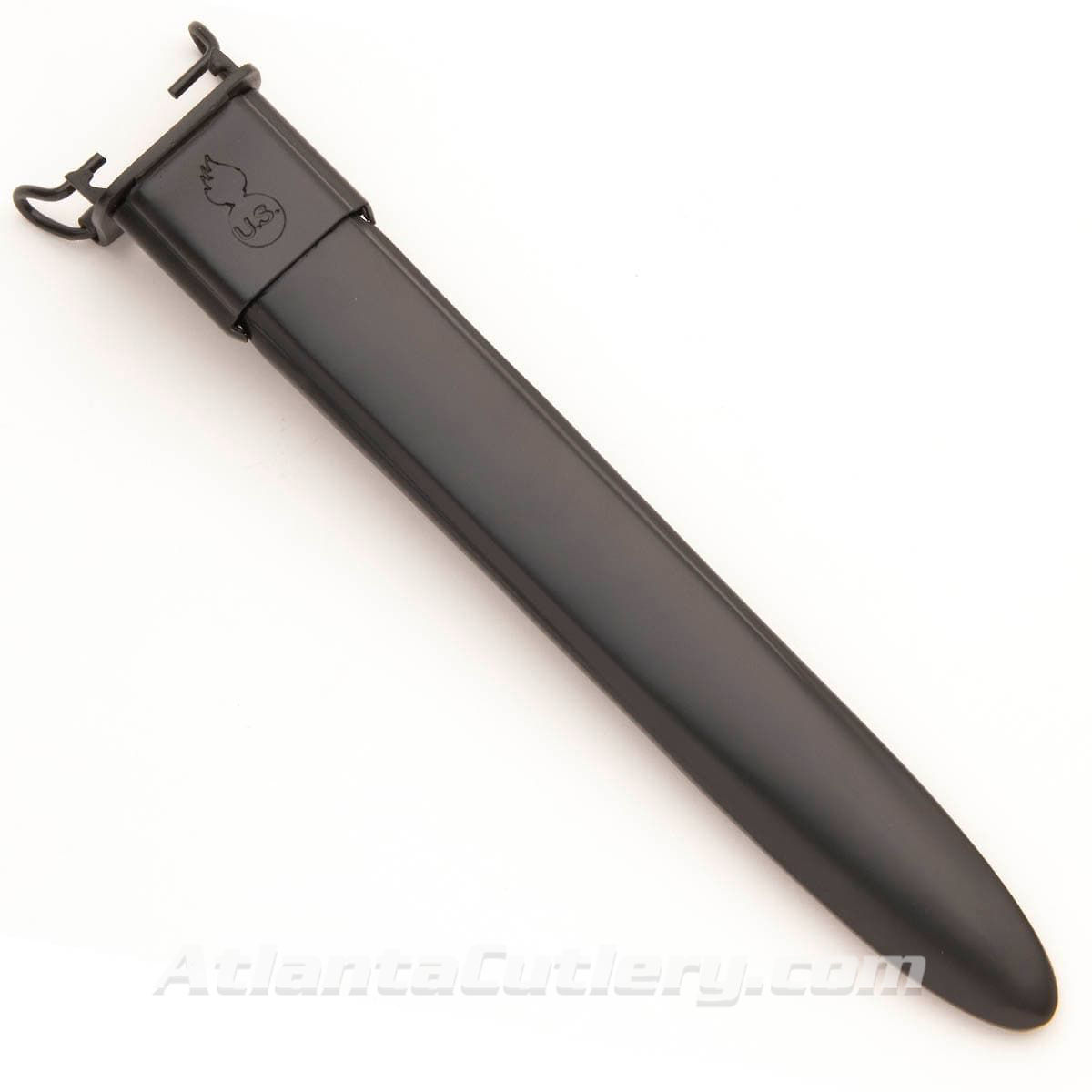 Reproduction M7 Scabbard for a10” M1 Bayonet is made of hard black plastic in black and has a metal top and belt hanger