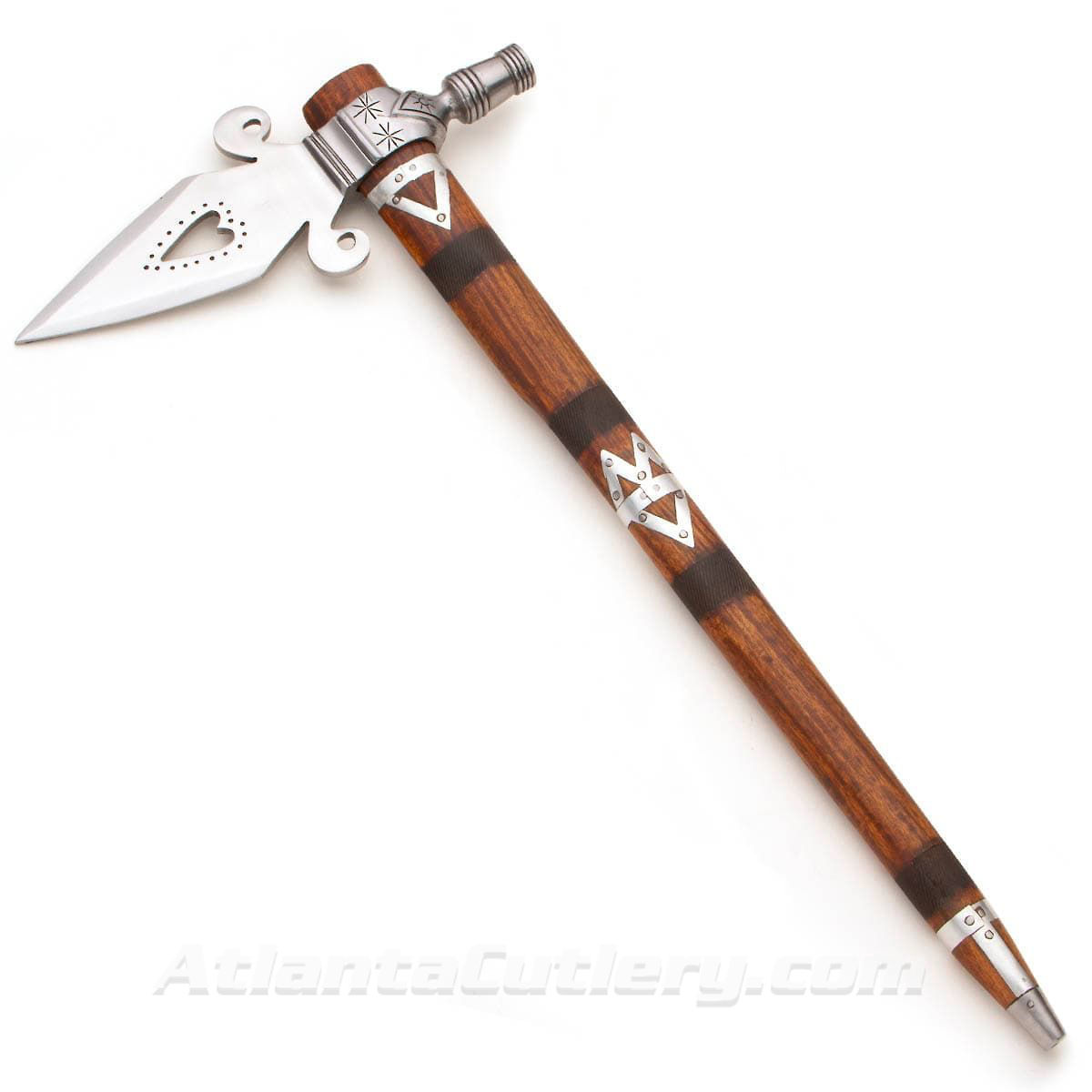 Spontoon Tomahawk with high carbon steel blade, wood handle with cross hatchinng and metal bands and fully functional pipe