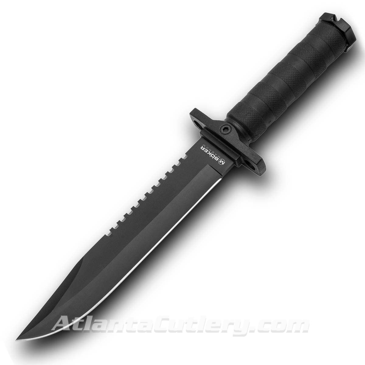 Boker Magnum John Jay Survival Knife has black 7Cr17MoV steel Bowie blade with sawback, rubber coated handle and holes in guard