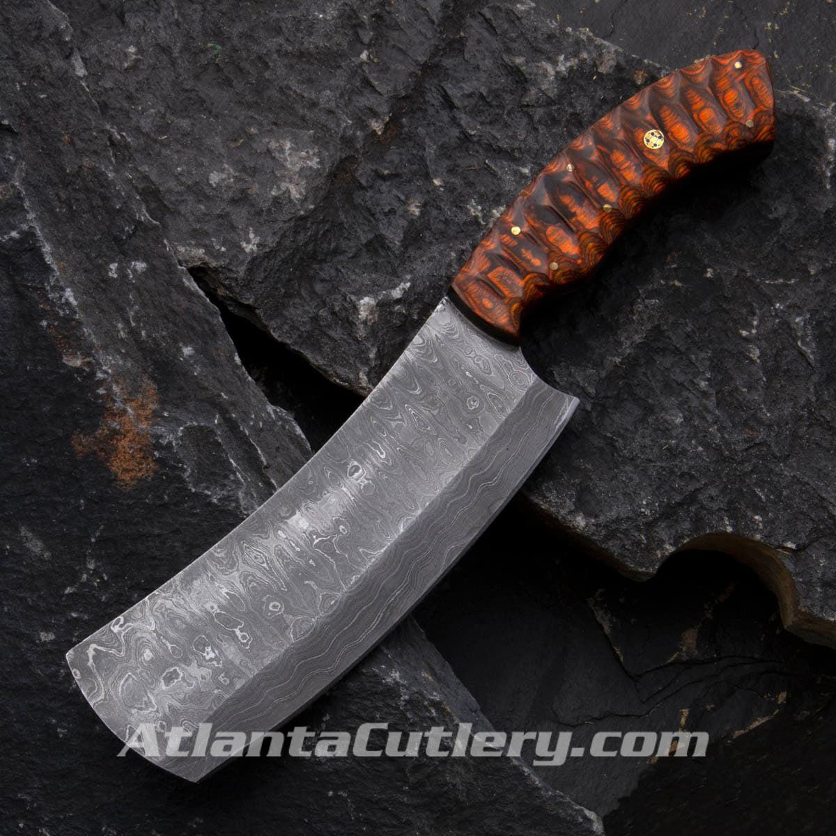 Full Tang Damascus Steel blade cleaver with contoured laminated wood scales, includes leather sheath