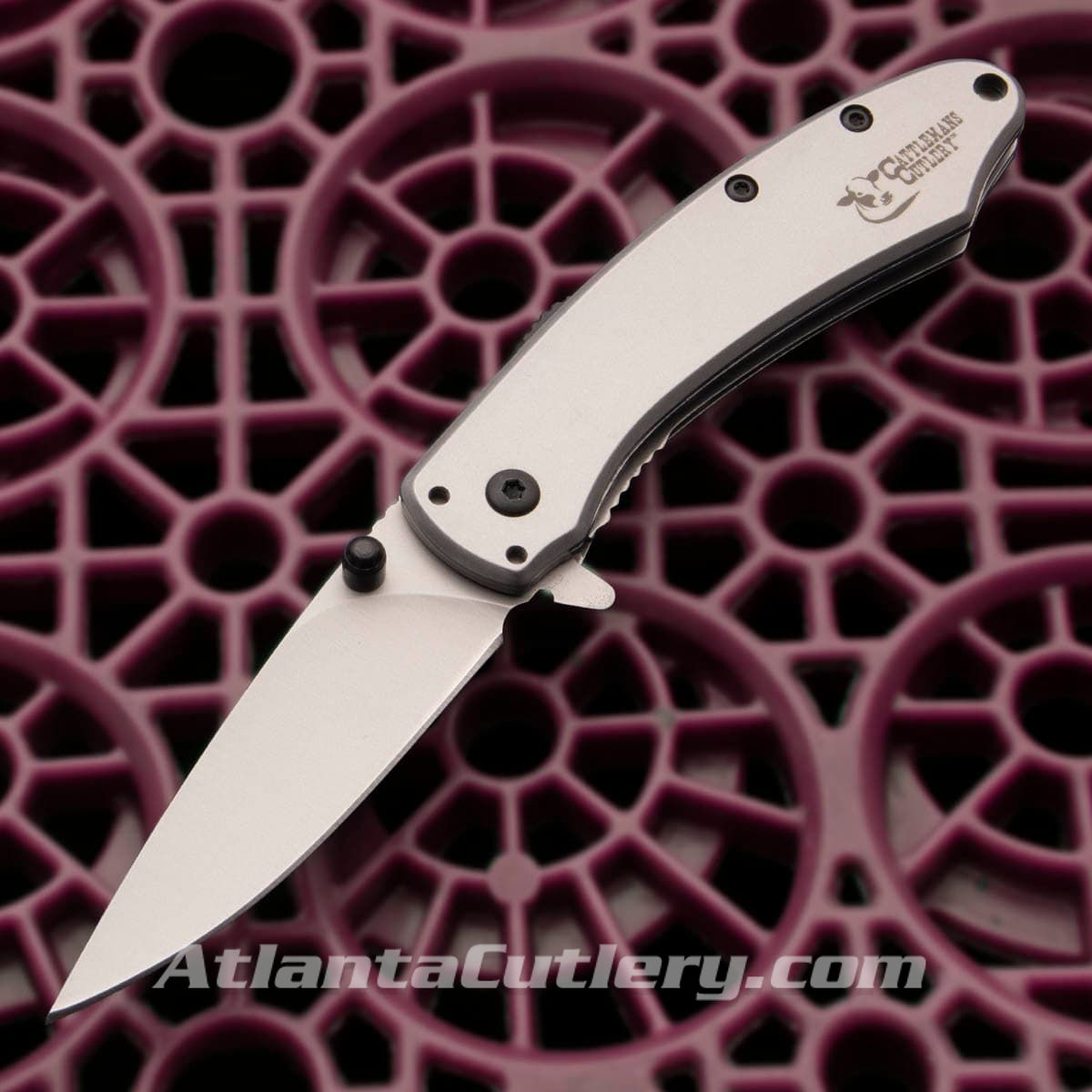assisted opening pocket knife with liner lock, 8CR13MOV stainless steel blade, integral flipper and ambidextrous thumb studs