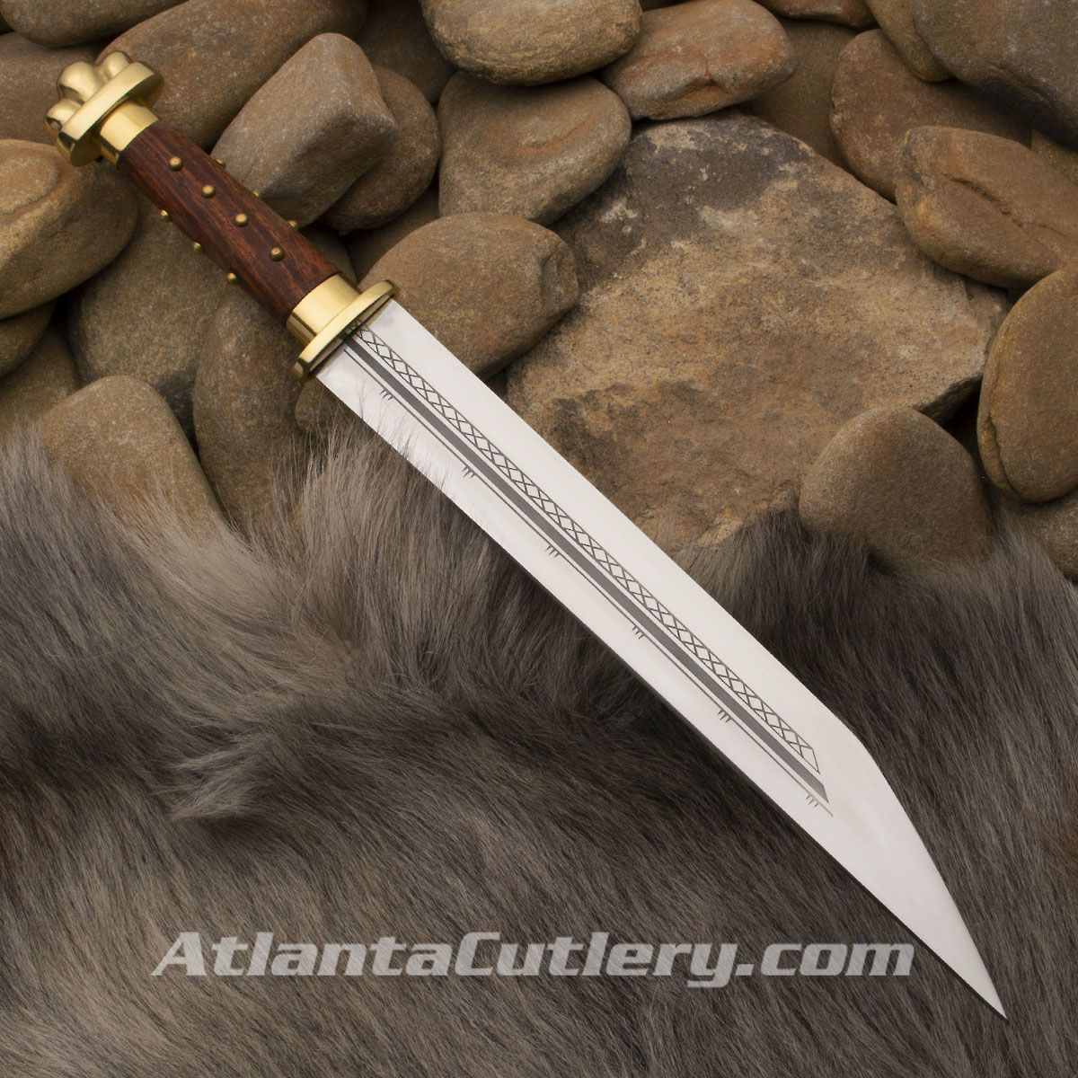 Circa 750 Replica Seax with sharp high carbon steel blade and wood grip with brass tacks, brass guard and brass pommel