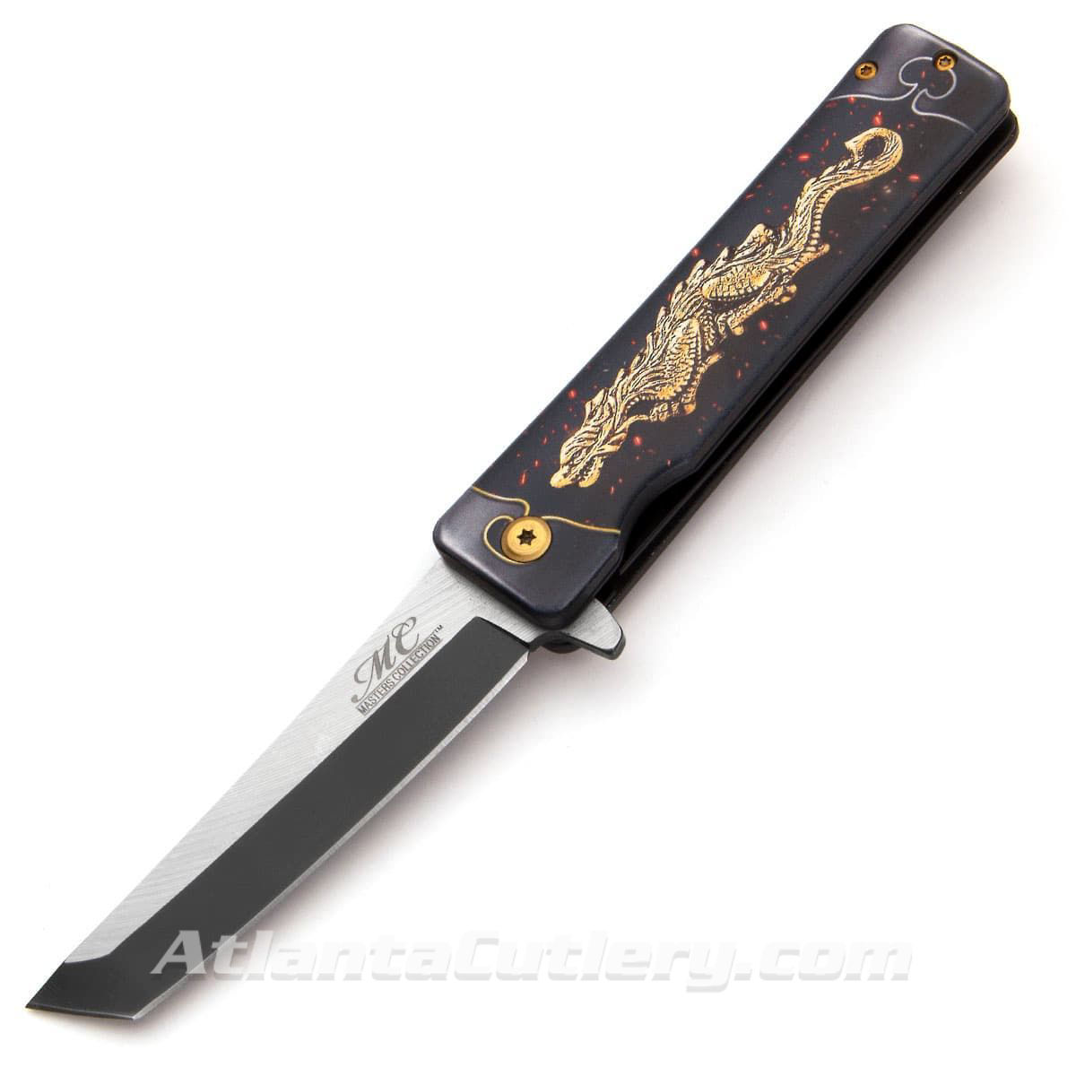 Dragon Tanto liner lock pocket knife has assisted opening, stainless steel blade, finger flipper, and removable pocket clip