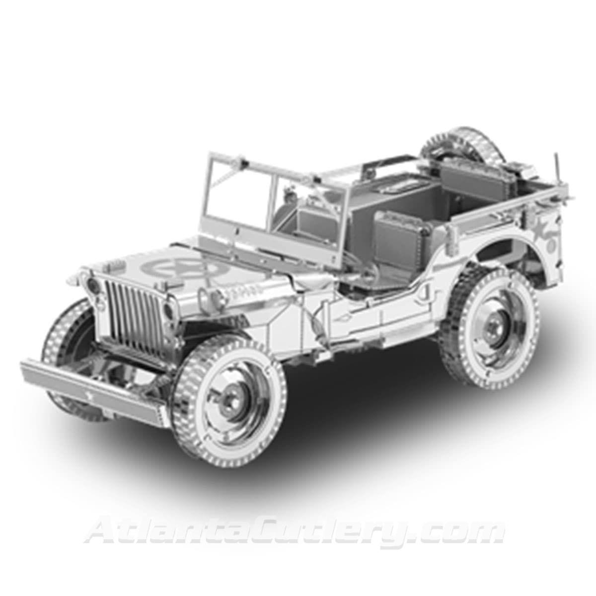 Pocket-sized, laser-cut stainless steel Willys Overlands model assembled from two laser-cut sheets, challenging difficulty level