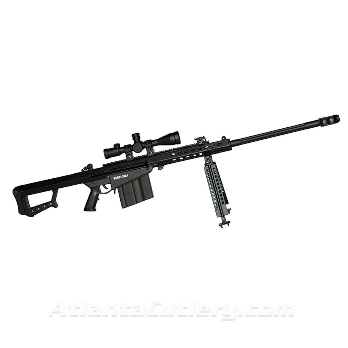 Goatgun black Barrett Model 82A1 .50 Cal is metal 1:3 scale die-cast model with sliding bolt carrier and trigger that squeezes