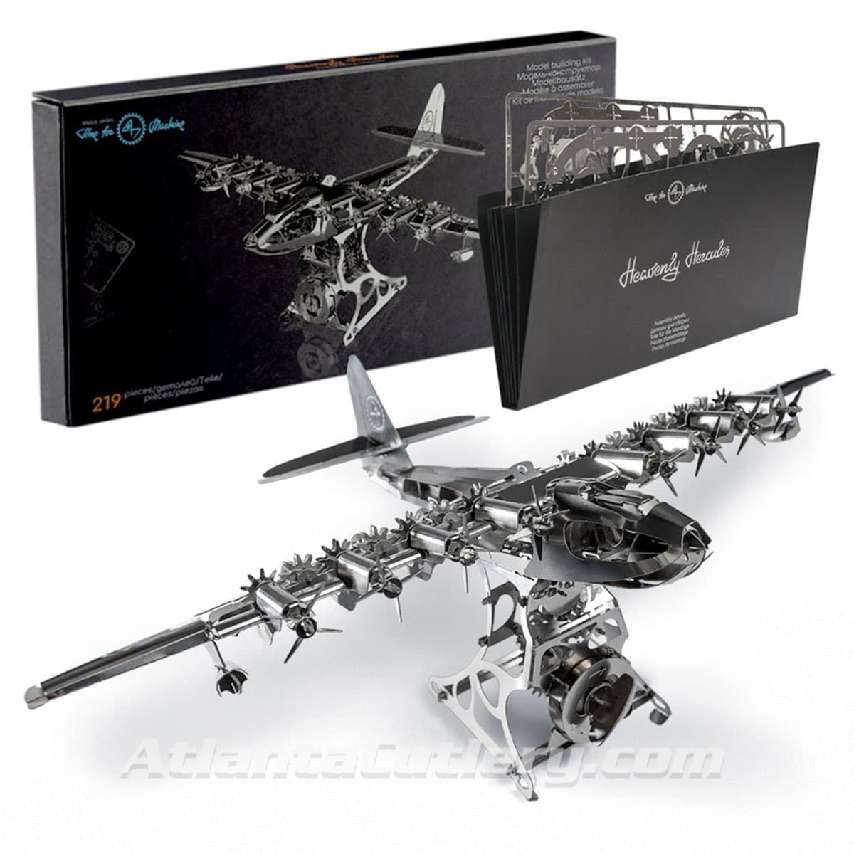 polished stainless steel model kit of Hercules H-4 with moving propellers and a display stand